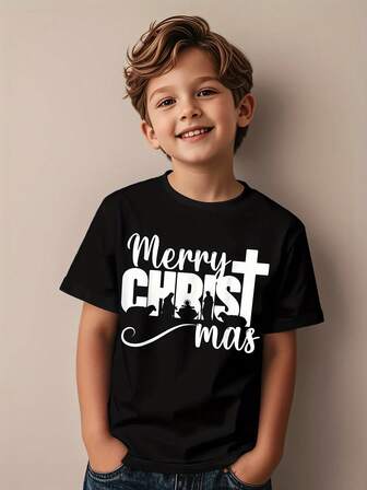 Kids' Christian Christmas T-Shirt With Merry Christ Mas Lettering & Jesus Cross Design - Soft Cotton Short Sleeve Round Neck Casual Church Outfit, Comfortable Holiday Apparel For & Girls, Easter & Christmas Celebration, Geometric Pattern With Nativity Scene (Sheep, Donkey, Lamb) - Easy-Care Hand Washable, Spring/Summer/Fall Wear, Festive Family Matching Outfits Available