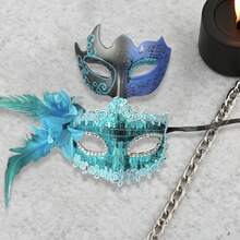 Men Women Masquerade Facewear, Exquisite Glitter Feather Half Face Facewear Halloween Cosplay Headwear - 藍色 - 查看 5