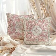 4PCS Bohemian Throw Pillow Covers - 17.7*17.7 Inches, Single-Side Pink Retro Print, Farmhouse Decor For Indoor/Outdoor, Porch, Living Room & Sofa, Machine Washable With Zipper (No Insert)