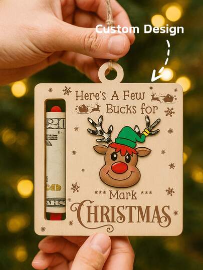 1PC Personalized Wooden Christmas Money Holder Ornament , Cute Custom Reindeer Dollar Bill Clip Gift Tag, Rustic Hanging Xmas Decoration, Funny Holiday Cash Holder With Name Engraving, Christmas Tree Ornament For Family Friends Coworkers