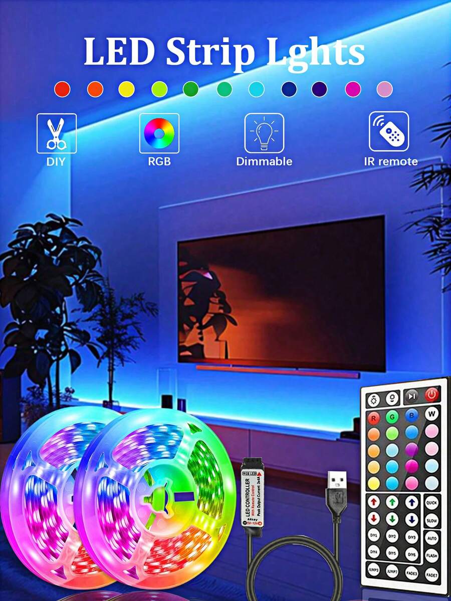 3,28ft-98ft intelligente RGB LED Streifen Leuchten, inklusive 44-Tasten Fernbedienung, 6 individuelle Modi, einstellbare Helligkeit & Geschwindigkeit, einfache Installation, geeignet für Schlafzimmer, Decke, Party, Weihnachtsdekoration, TV Hintergrundbeleuchtung, Raumdekoration
