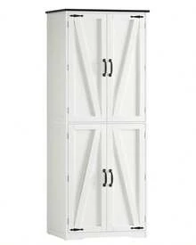 Hoher Lagerschrank, Küchenschrank mit 4 Regalen, verstellbare Regale, Vorratsschränke mit 4 Scheunentüren, freistehender Schrank für Küche, Esszimmer, Wohnzimmer, weiß