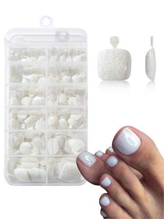 120 片装白色按压式短方形假脚趾甲带闪光图案纯色脚趾甲亚克力全覆盖脚趾甲片，适合女士