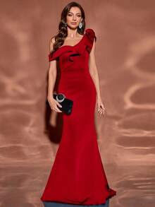 女式荷叶边不对称露肩修身优雅鱼尾下摆鸡尾酒会晚礼服 - 紅色 - 查看 3