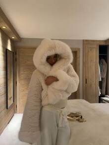 魅力休闲蓬松保暖优雅仿皮草滑雪度假夹克，女士冬季外套 - 白色 - 查看 4