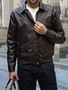 2025新款男士皮夹克春秋季休闲通勤商务翻领软PU外套 - 棕色 - 查看 1