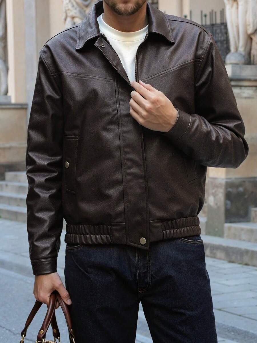 2025新款男士皮夹克春秋季休闲通勤商务翻领软PU外套 - 棕色 - 查看 1