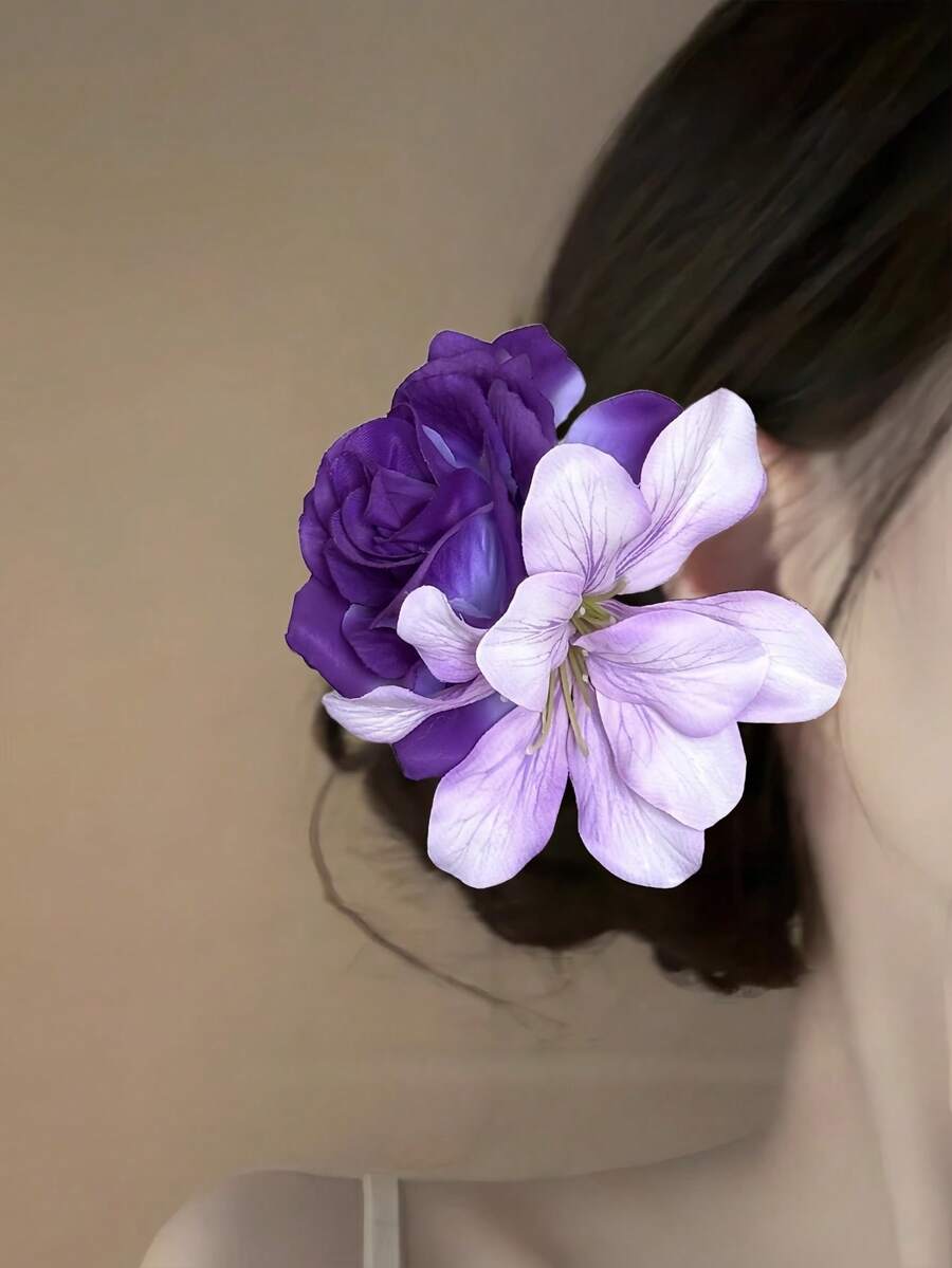 1件云紫玫瑰双花发夹，2025新款，人造花侧夹发夹，富有氛围感，鸭嘴夹配两朵花发饰，女士适用。 - 彩色 - 查看 1