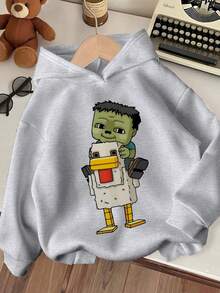 Young Boy Cartoon Pattern Warm Sweatshirt - Grey - View 8