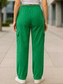 Pantalón Cargo Mujer de Pana con Cintura Elástica y Bolsillos Laterales - Verde - Ver 2