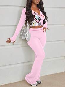 LovelyWholesale Bộ 2 món nữ kiểu dáng thường ngày, gồm áo dài tay có mũ in kỹ thuật số 3D và quần ống loe in họa tiết cầu vồng, thích hợp cho mùa xuân/thu. - Hồng - Xem 1