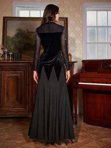 Women's Velvet Patchwork Solid Color Bodycon Midi Dress, Elegant Net Fabric With Rhinestones, Long Sleeve Mermaid Hem Evening Gown For Party - Black - View 3