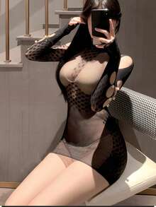 Sexy Lingerie, Pearl Semi-High Neck, Bodycon One-Piece Dress, Cut-Out See-Through, Flirtatious, No Need To Take Off, High-Elastic, Form-Fitting Net Garment