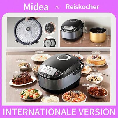 Midea 5L Smart Reiskocher: 11-in-1 Küchenzauberer für gesunde Mahlzeiten | Multifunktionskocher (Dampfgaren/Backen/Langsamgaren) + Cakemaker-Modus | 24-Stunden-Timer für Overnight Oats & Babynahrung | BPA-freier Antihaft-Topf, Warmhaltefunktion | Schickes Design in Schwarz & Silber