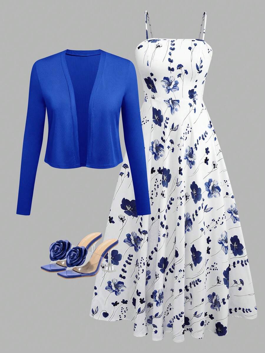 女士优雅豹纹吊带连衣裙，束腰针织开衫套装 - 寶藍色 - 查看 1