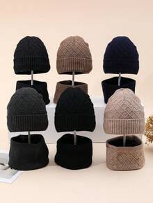 2pcs/Set Solid Color Knit Hat + Scarf, Autumn/Winter Outdoor Sports Fishing Essential, Diamond Pattern Knitted Hat & Scarf Set, Unisex Knitted Blend, Fashion Versatile Winter Beanie & Scarf