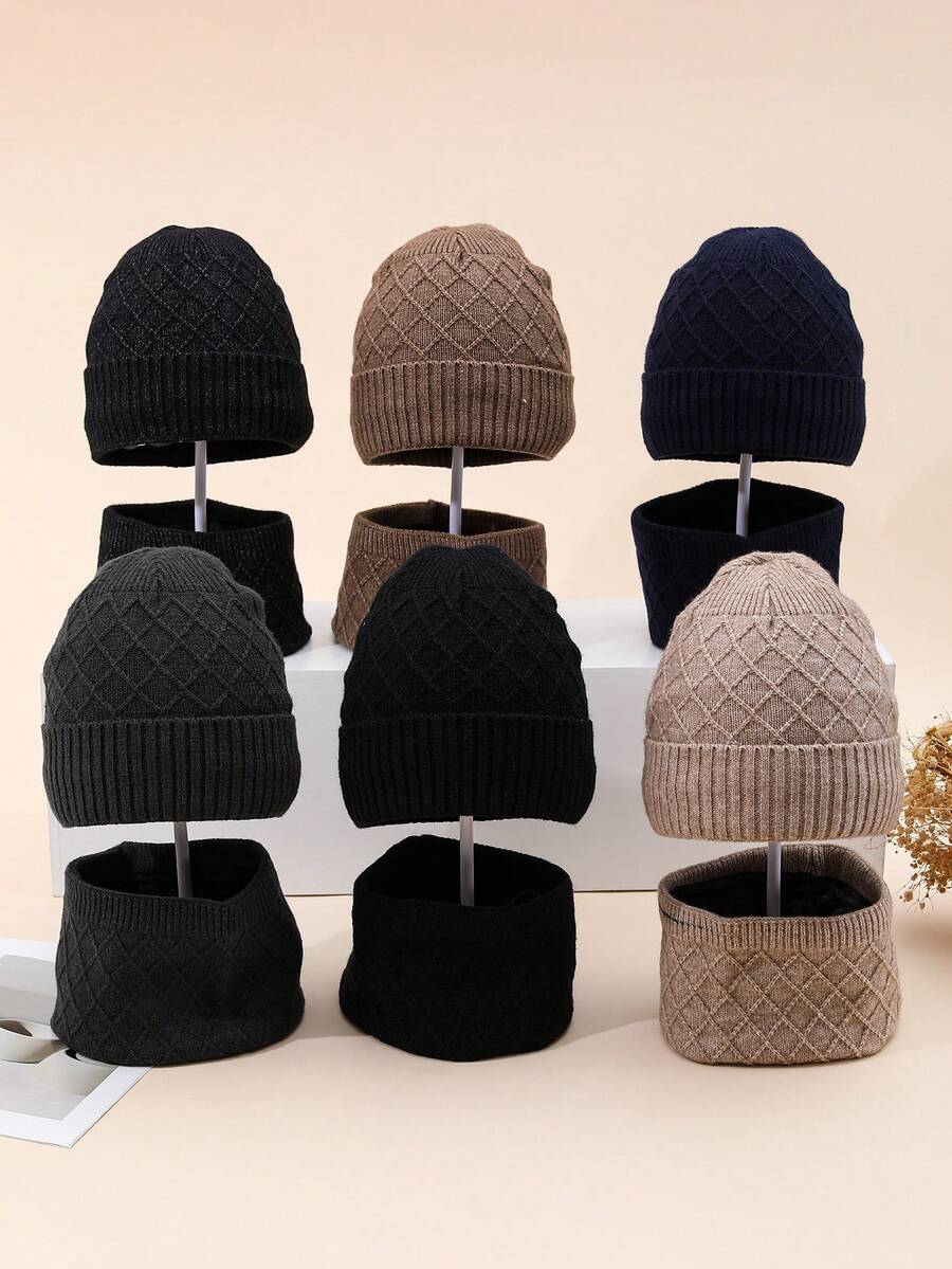 2pcs/Set Solid Color Knit Hat + Scarf, Autumn/Winter Outdoor Sports Fishing Essential, Diamond Pattern Knitted Hat & Scarf Set, Unisex Knitted Blend, Fashion Versatile Winter Beanie & Scarf
