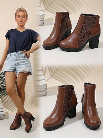 女士时尚拼布压花踝靴，粗跟增高，黑色，百搭秋冬