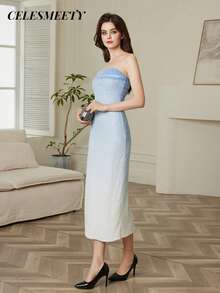 性感浪漫薄纱夜店礼服，新娘礼物，派对舞会晚礼服，亮片串珠浅蓝色连衣裙，适合万圣节、圣诞节、派对、婚礼等场合。 - 淺藍色 - 查看 7