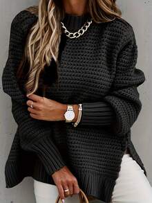 2026 Premium Apparel Autumn/Winter Women's  Solid Color Knitted Textured Pattern Dropped Shoulder Oversized Sweater Dress, Casual  Knit Long Sleeve Top,Women's Oversized Cable Knit Solid Color Long Sleeve Sweater, Crew Neck Chunky Warm Thick Autumn Winter,Women's Sweater  Long Sleeve Casual Lazy Style Warm Top New Year - 黑色 - 查看 3