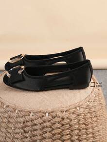 Women's Ballet Flats, Fashionable Square Toe Slip-On Soft Bottom Shoes, Versatile Flat Shoes, Black Hollow Flat Bowknot Loafers, Size Run Large, Plus Size 35-43