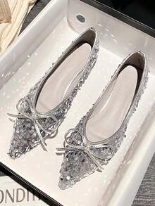 zuandashu 0.5码可爱优雅银色亮片平底芭蕾舞鞋，尖头蝴蝶结套脚休闲乐福鞋，舒适工作鞋，适合34-43码女性，春、夏、秋季百搭 - 銀色 - 查看 2