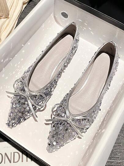 zuandashu 0.5码可爱优雅银色亮片平底芭蕾舞鞋，尖头蝴蝶结套脚休闲乐福鞋，舒适工作鞋，适合34-43码女性，春、夏、秋季百搭