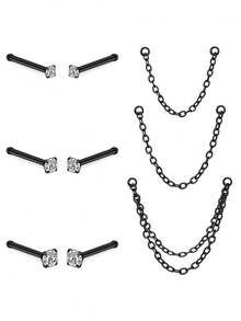 AVYRING 9 件 DIY 18/20 克钻石 CZ 鼻环 1.5 毫米 2.5 毫米 3 毫米 CZ 鼻钉带链不锈钢鼻穿孔饰品鼻环耳钉银金色 - 多色3 - 查看 17