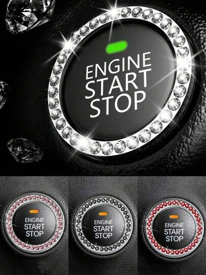 Sparkling Rhinestone Car Ignition Switch Ring Cover - One Push Start Button Decal & Keyhole Trim, Luxury Interior Jewelry Decor For Women, Diamond Car Accessories Stickers For Vehicle Customization