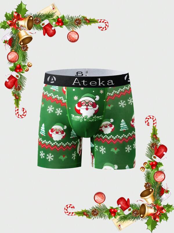 1 pièce Boxer pour homme imprimé numérique Père Noël - Imprimé de dessin animé thème Noël, taille élastique jacquard, port quotidien confortable, imprimé amusant, tissu tricoté de qualité, décontracté et confortable
