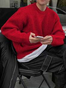 轻盈宽松针织衫，纹理图案，休闲中性设计，适合秋冬季节穿着，长袖上衣 - 玫瑰紅 - 查看 2