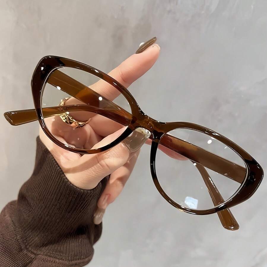 1 Pair Of Cat Eye Retro Tea Brown Flat Light Glasses, New Style To Show A Small Face, Retro Fashion Makeup Artifact, Comfortable And Not Overwhelming The Face, Daily Commuting 100, Take Photos For Outings And Outings To Show A Small Face, With A Retro Modern Feel - 無色 - 查看 1
