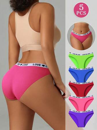 5 piezas de bragas de algodón multicolor de moda sin costuras para mujeres, con cintura baja y cinturilla con estampado de letras, ropa interior cómoda y casual