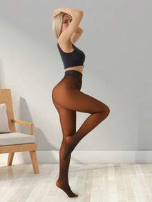 1 Pair Fleece Lined Warm Tights Thick Plush Thermal Women Leggings One Line Cortch Outdoor Wear Pantyhose For Winter 6 Colors &6 Sizes - 焦糖 - 查看 4