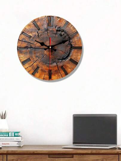 2D Flat, Rustic Wooden Klok Tree Ring Round Wood Wand Art, Classic English Numerals, Ideal Home view 4