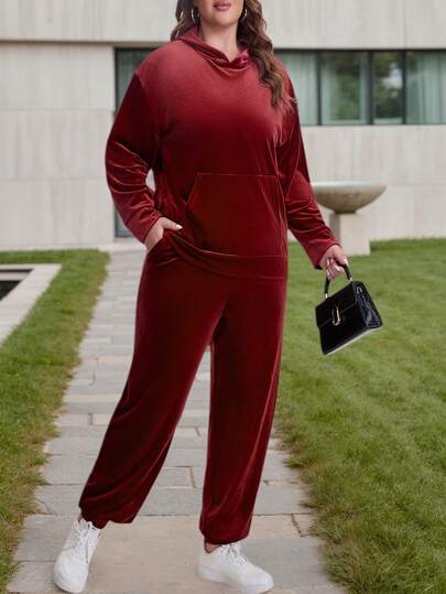 Terno esportivo casual com capuz plus size feminino, cor sólida, outono/inverno