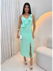 Vestido Longo Feminino Louis Twill com Fenda Elegante na Perna, Babado Lateral e Flor no Ombro, Decote V Sofisticado, El