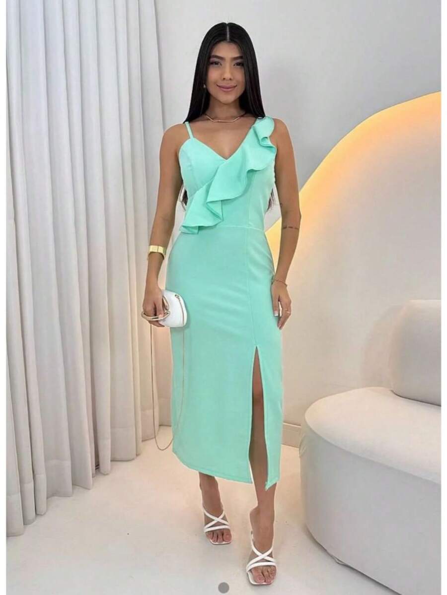 Vestido Longo Feminino Louis Twill com Fenda Elegante na Perna, Babado Lateral e Flor no Ombro, Decote V Sofisticado, El