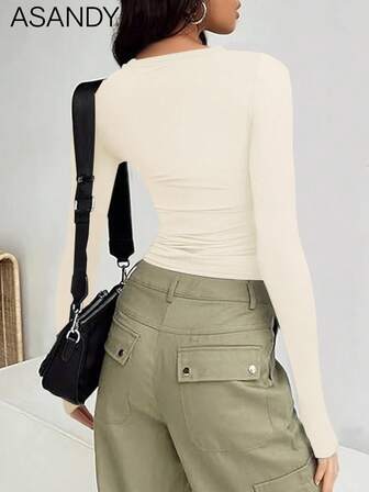 3pcs/Set Women Crew Neck Long Sleeve Solid Color T-Shirts, Slim Fit Casual Pullover Tops