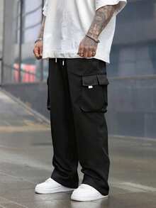 男士户外纯色工装口袋阔腿休闲裤工装裤男士宽松阔腿工装裤男士黑色工装裤