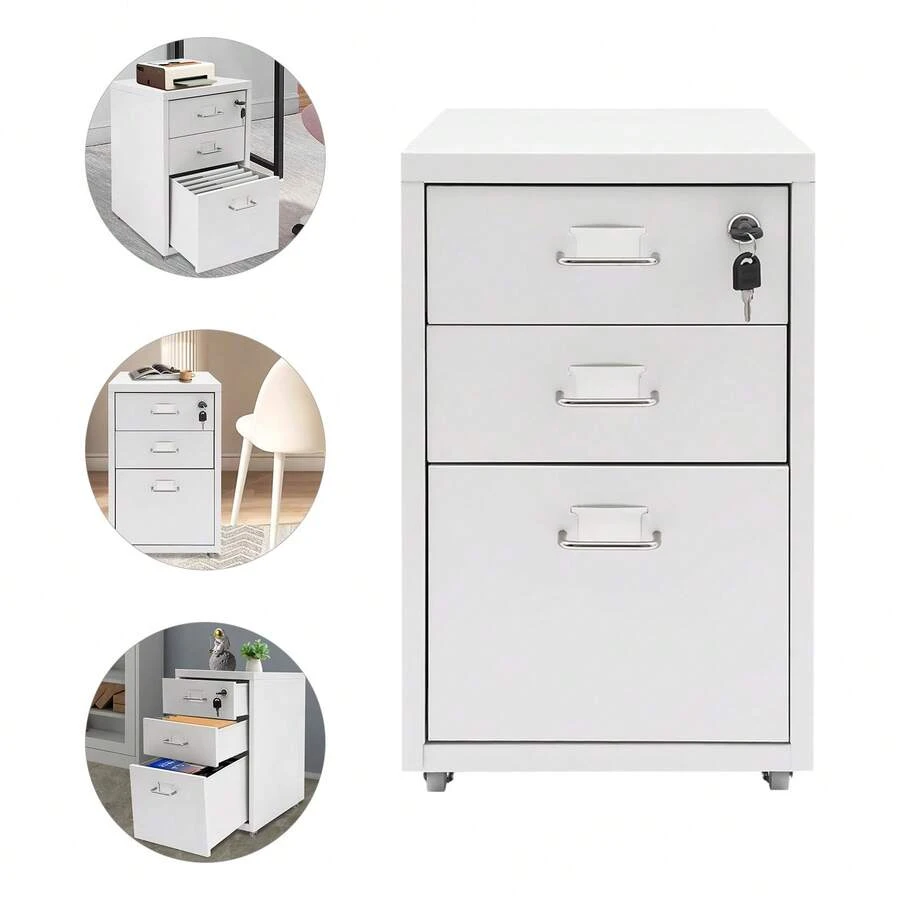 3-Drawer Vertical File Cabinet - Metal Mobile Filing Cabinet With Lock, Fits Letter, Legal, And A4 Size Documents, For Home Office Use (White) - White - View 1