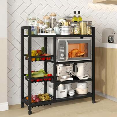 WOWDVOV 1 Multifunctional Kitchen Storage Rack, Adjustable 4-Storey And 3-Line Basket Storage Baskets, Adjustable Mobile Microwave Rack, Metal Rack With Wheels, Ideal For Kitchen Accessories, Pantry, Garage Kitchen Shelves
