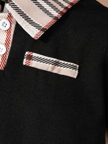 BrownBark 2pcs/Set Young Boy's Fashionable Plaid Textured Polo Shirt & Plaid Shorts Set, Summer Casual & School Outfit - Black - View 4