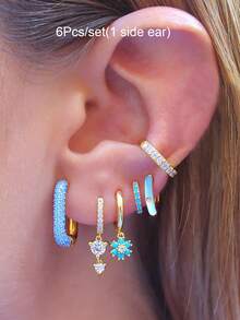 6 件/套多色女士耳环套装蓝色锆石环状耳环粉色珐琅吊坠耳环女士度假珠宝配饰