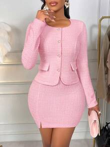 AIJ Amarilo Women's Elegant Solid Color Square Collar Metal Button Blouse And Midi Skirt 2-Piece Set, Versatile For Daily Wear Pink Spring - Pink - View 4