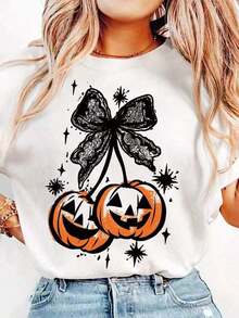 Unisex  Printed T-Shirt 2025 Street Retro Style Pattern Fashionable Design Limited Edition Hot Recommendation Halloween Nightmare Before Christmas Casual Pumpkin & Bow Lace Print Round Neck Short Sleeve T-Shirt For Women - 白色 - 查看 1