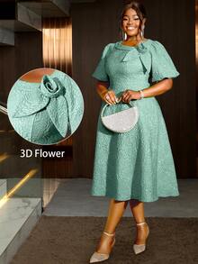 Women Plus Size Rose Jacquard Flared Puff Sleeve A-Line Graduation Dress, Suitable For Commuting, Elegant Cocktail Semi Formal Prom Dress, For Birthday, Wedding Guest, Graduation, Dinner, Homecoming