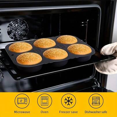 4A/10.16cm/4.0 Inch Silicone Hamburger Mold, 6-Cup Large Baking Tray, For Making Homemade Hamburgers, Dishwasher