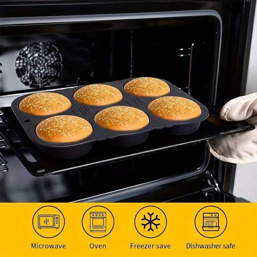 4A/10.16厘米/4.0英寸硅胶汉堡模具，6杯大烤盘，用于制作自制汉堡，可用洗碗机清洗