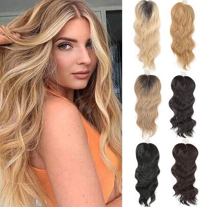 Hair Toppers For Women 22inch Wavy Hair Toppers For Women Toppers Hair Pieces For Women With Thinning Hair Ombre Highlight Synthetic Wig Clip In Hair Topper Wiglets With Fringe Bang Add Hair Volume